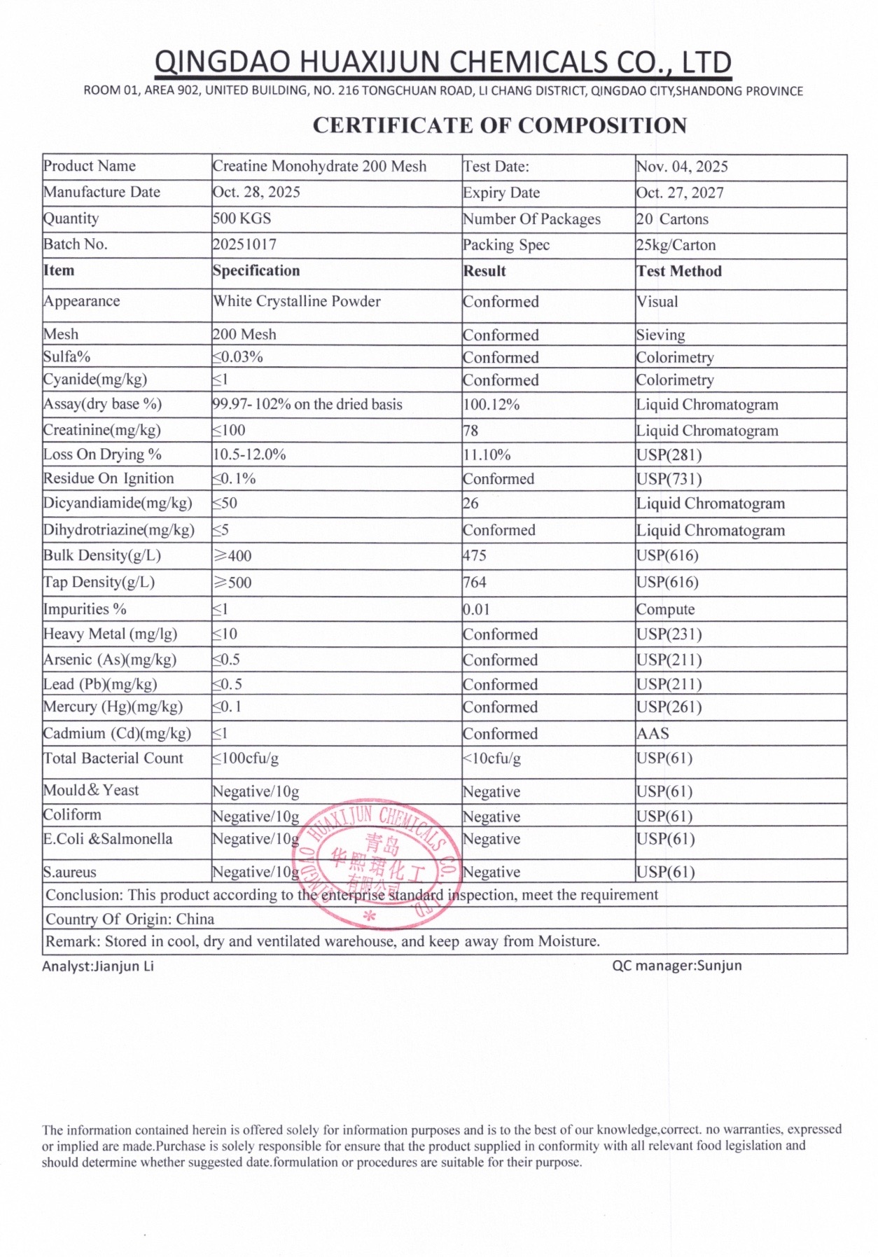 Certificado de análisis VX Creatine