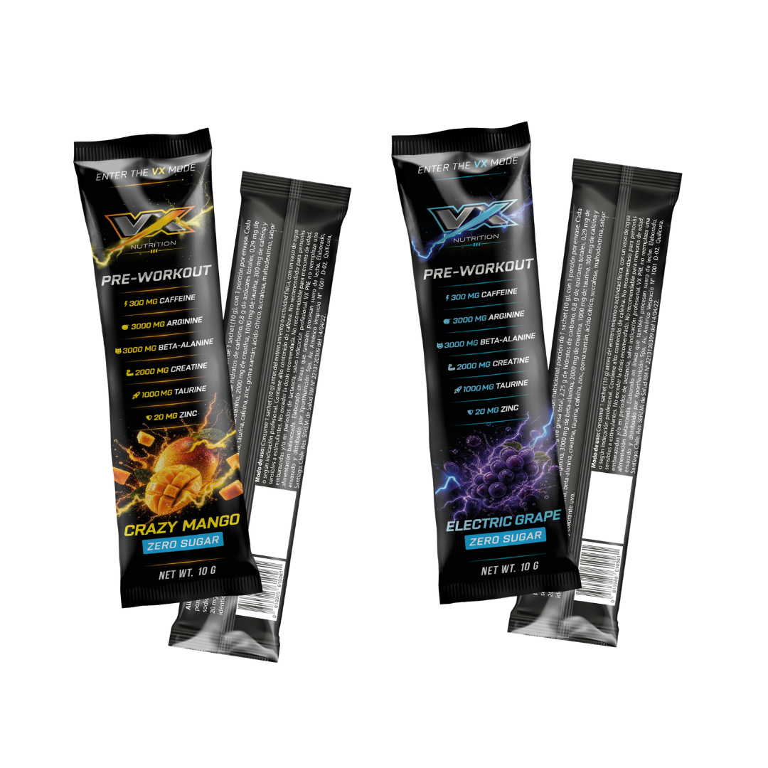 Pre Workout Sachets Electric Grape y Crazy Mango